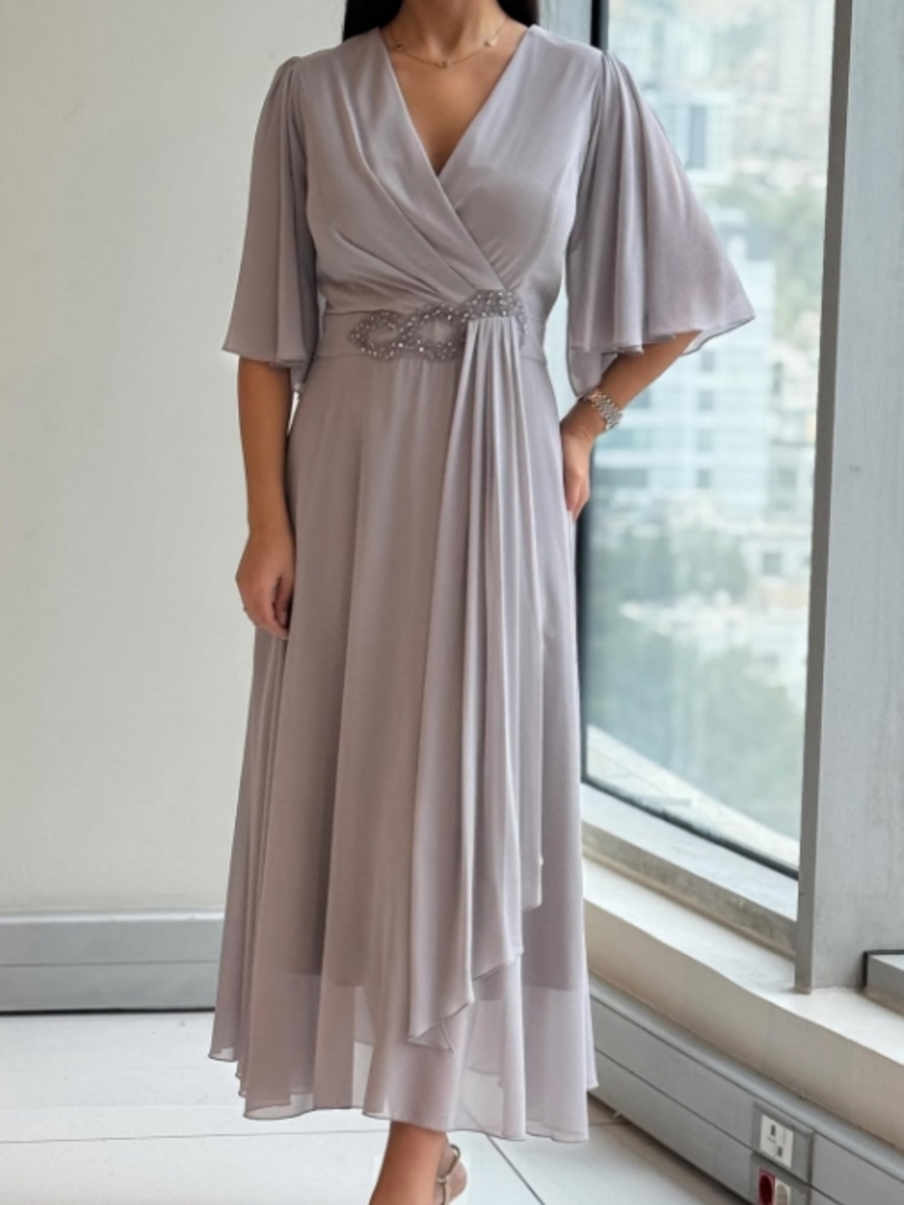 Ellen | Women’s Dress | V-Neck Draped Midi
