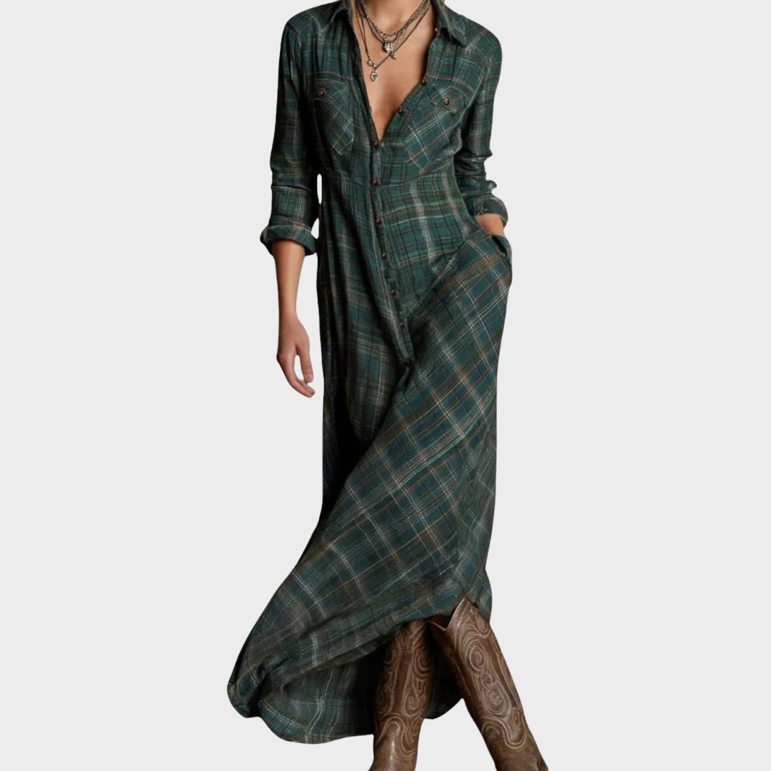 Ellen | Women's Dress | Maxi Plaid Button Front