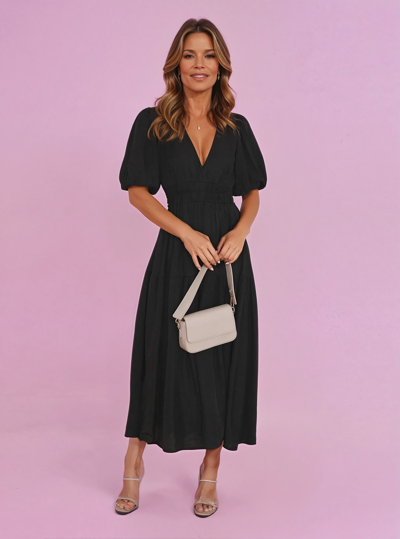 Ellen | Women's Cocktail Midi Dress | Smocked V-Neck