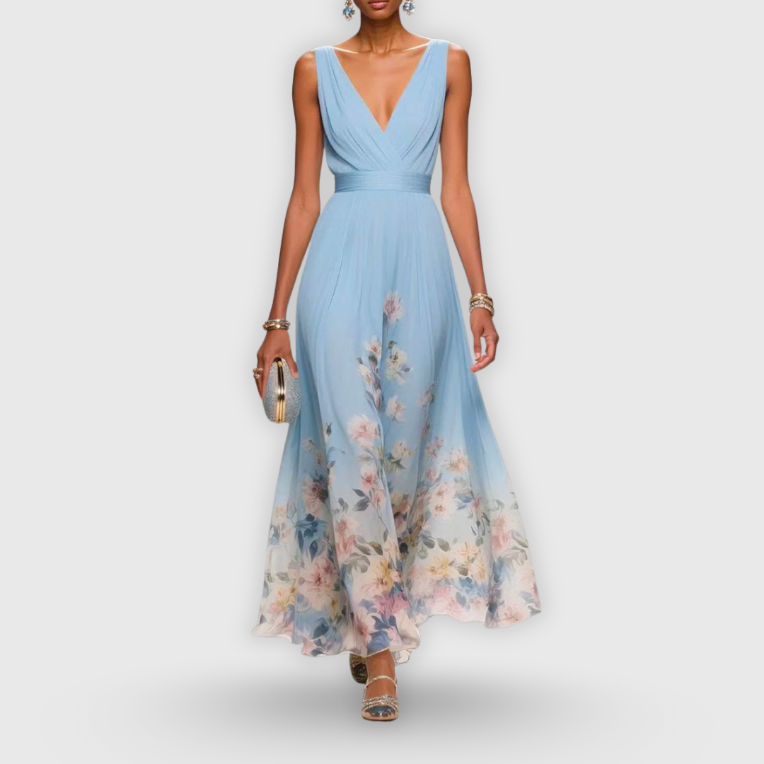 Ellen | Women's Wedding Guest Maxi Dress | V-Neck Sleeveless Floral