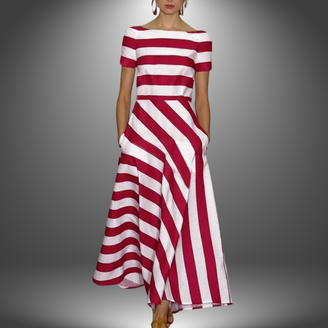 Ellen | Women’s Dress | Striped Asymmetrical Short Sleeve Midi