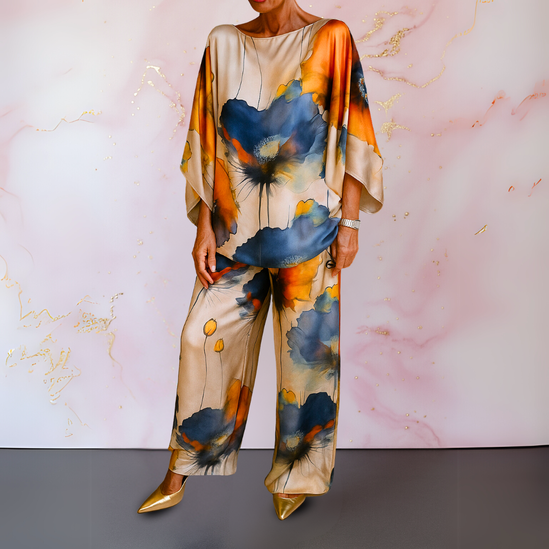 Ellen | Women's Two-Piece Set | Printed Top Wide Trousers