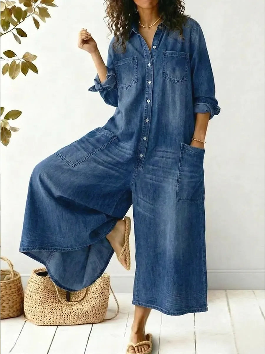 Ellen | Women's Wide-Leg Jumpsuit | Long Sleeve Button-Front