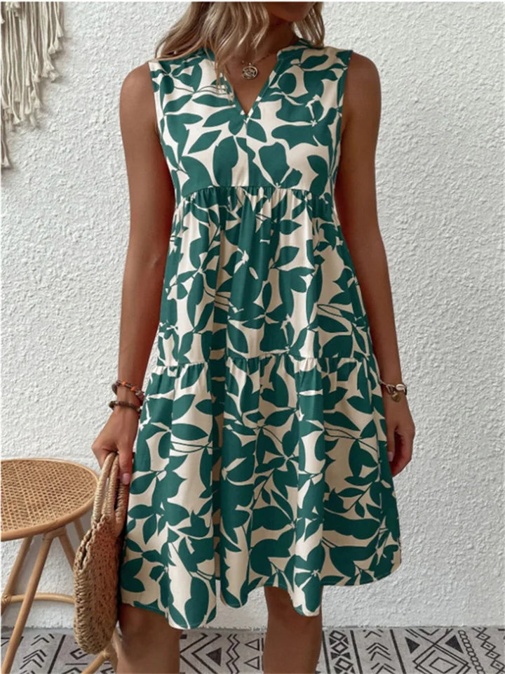 Ellen | Women's Dress | Leaf Print Sleeveless V-Neck Mini