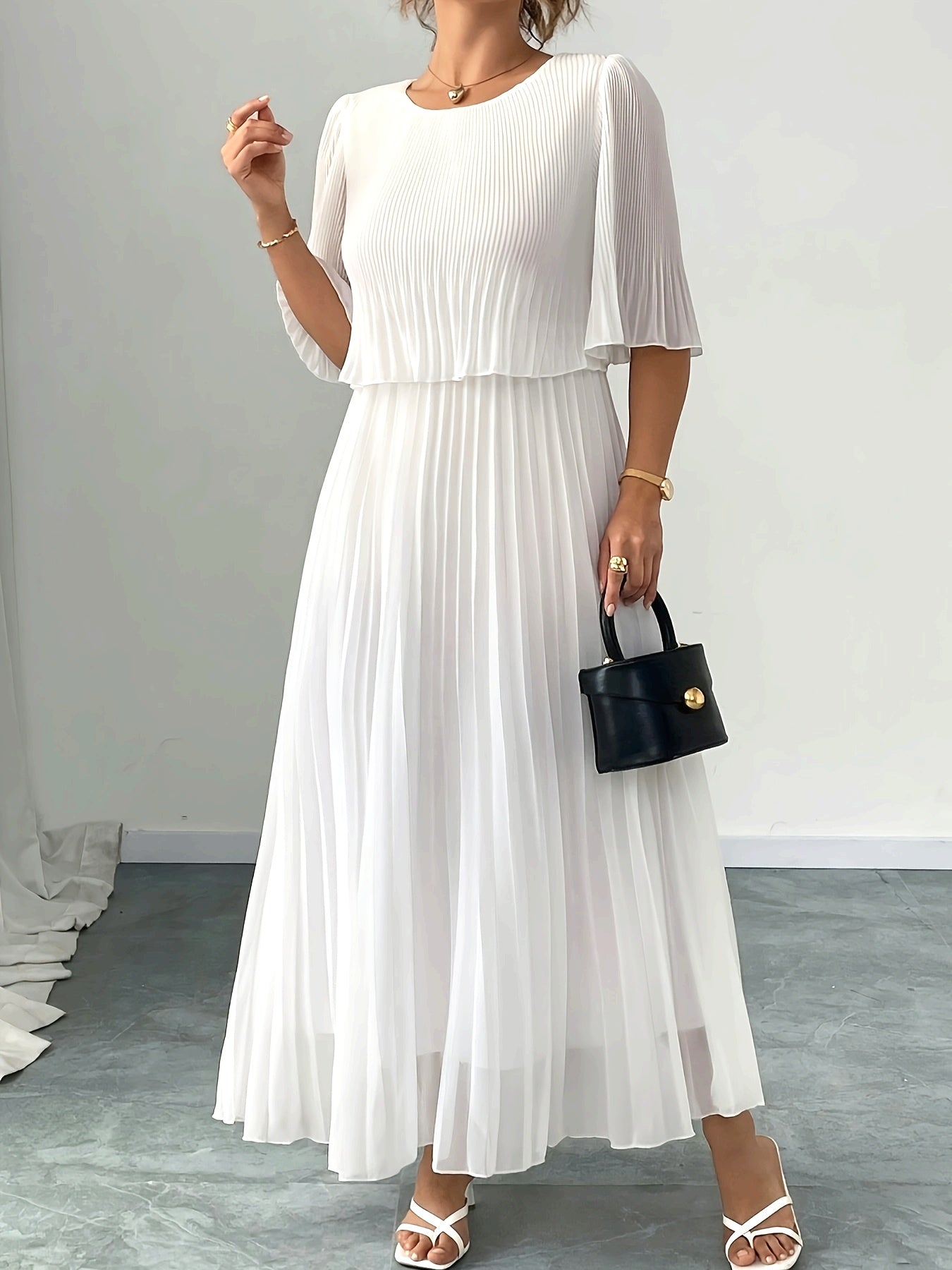 Ellen | Women's Wedding Guest Maxi Dress | White Pleated A-Line