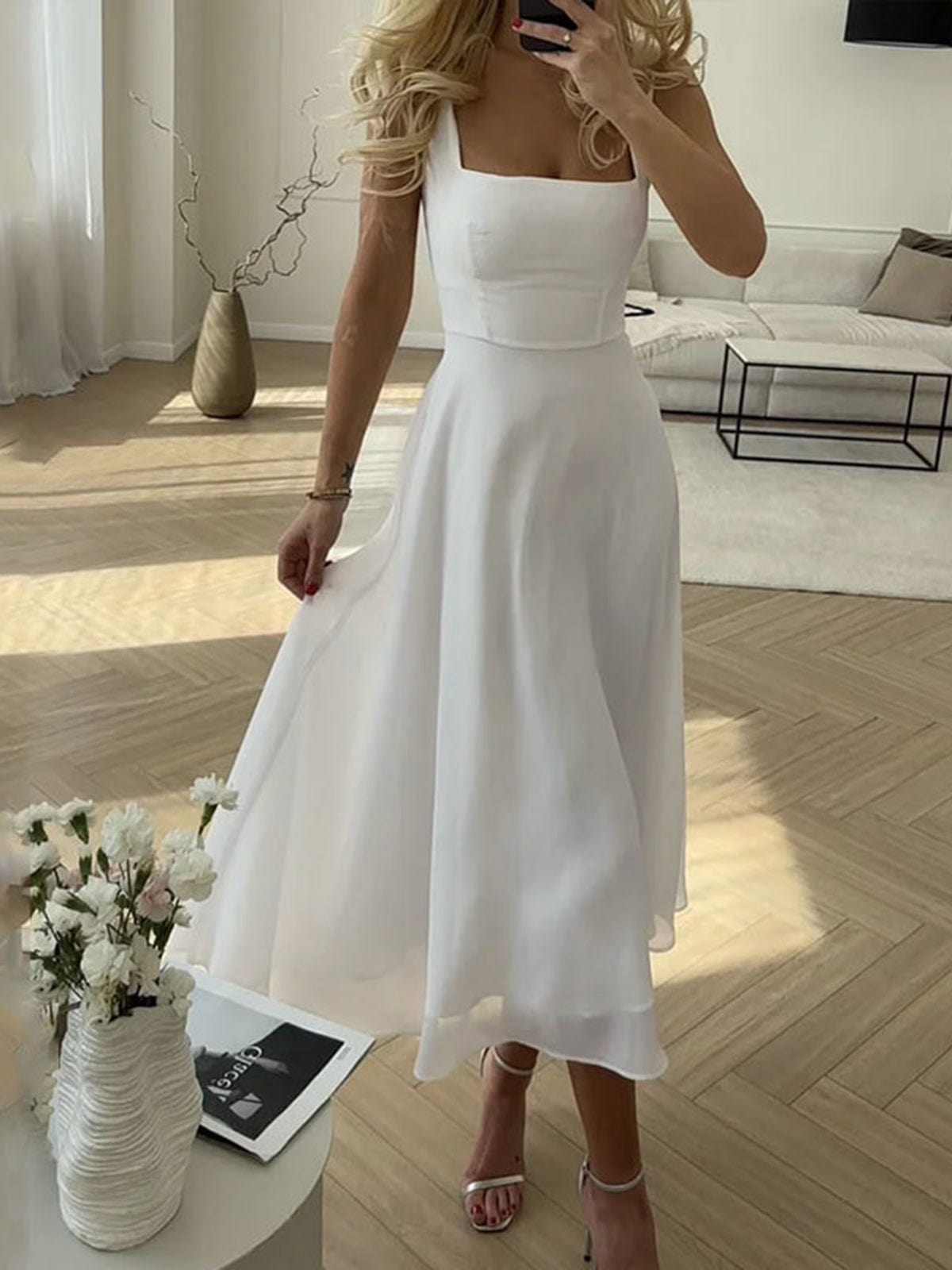 Ellen | Women's Wedding Guest Midi Dress | A-Line Square Neck