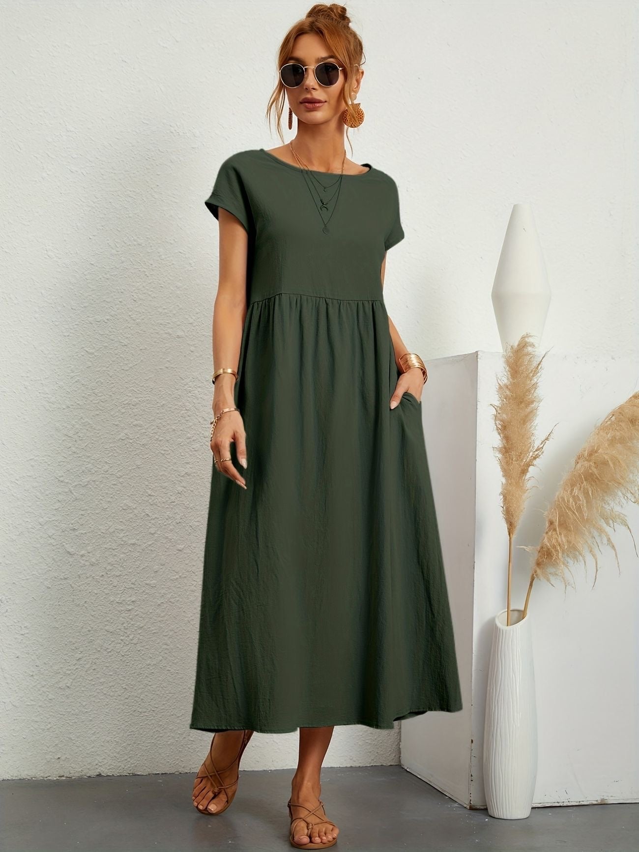 Ellen | Women's Dress | Loose Maxi Round Neck Pocket