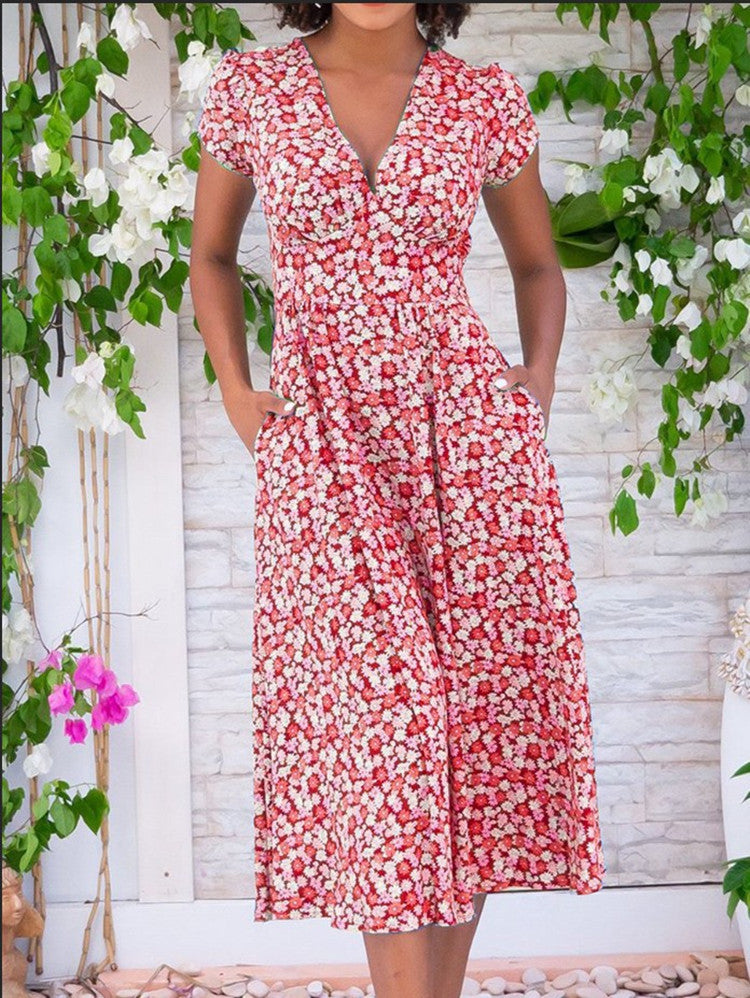 Ellen | Women’s Dress | Floral V-Neck Midi Short Sleeves
