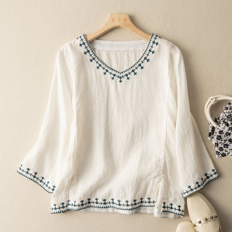 Ellen | Woman's Blouse | Embroidered V-Neck