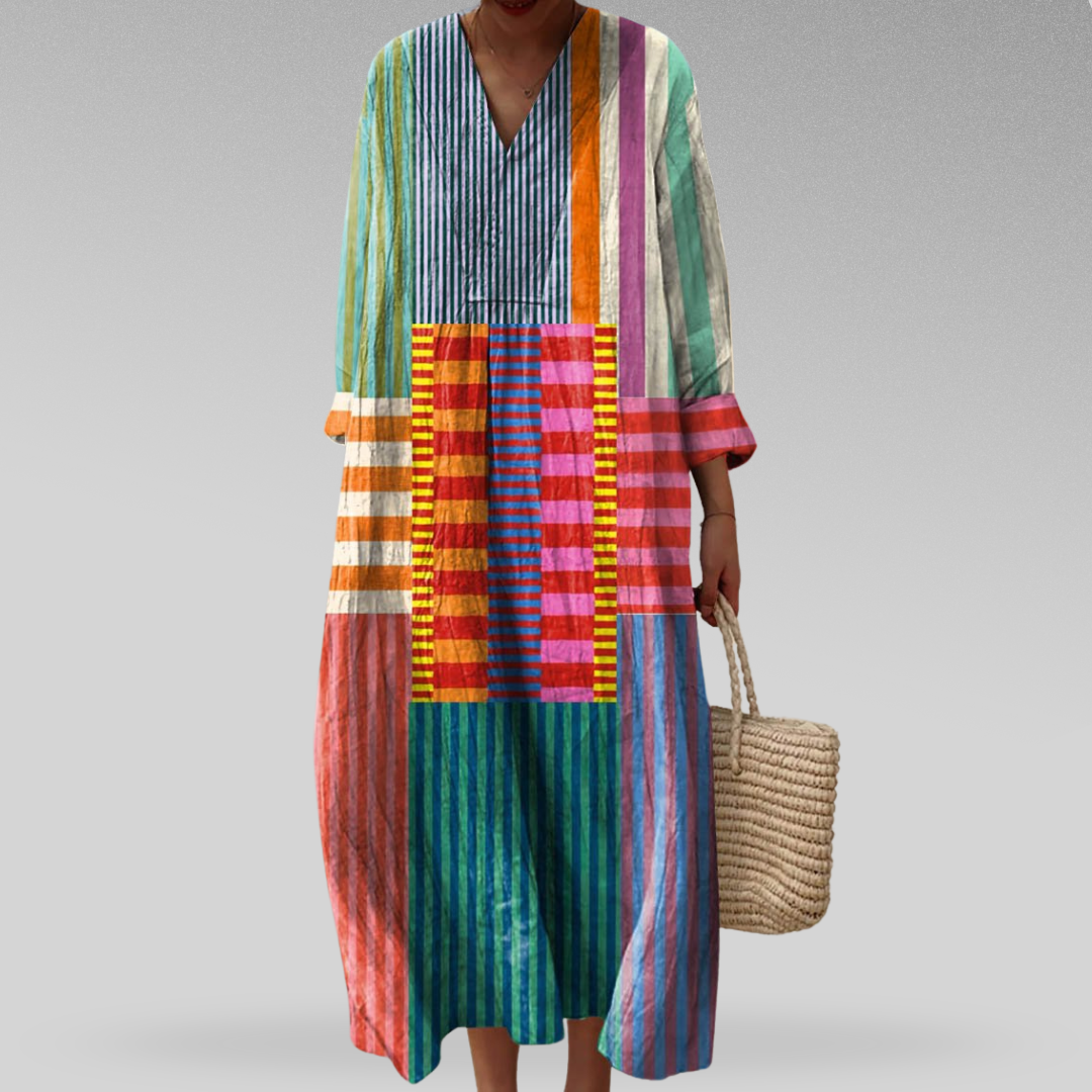 Ellen | Women’s Dress | Geometric V-Neck Long Sleeve Midi