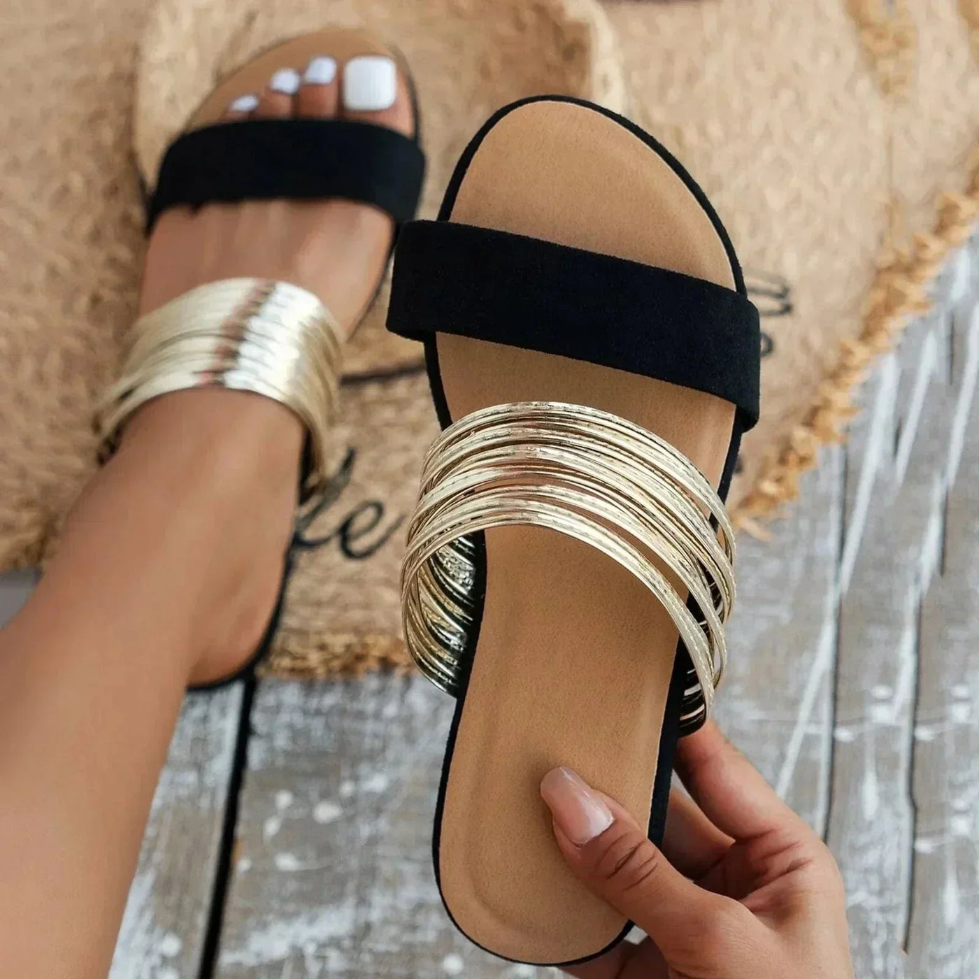 Ellen | Sandals For Women | Open Toe Slide With Multi Band Detail