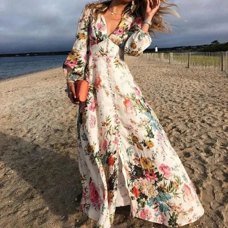 Ellen | Women's Beach Maxi Dress | Long Sleeve Floral