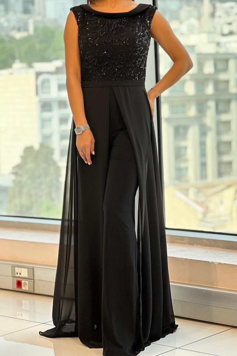 Ellen | Women’s Jumpsuit | Sleeveless Sequin Bodice Overlay