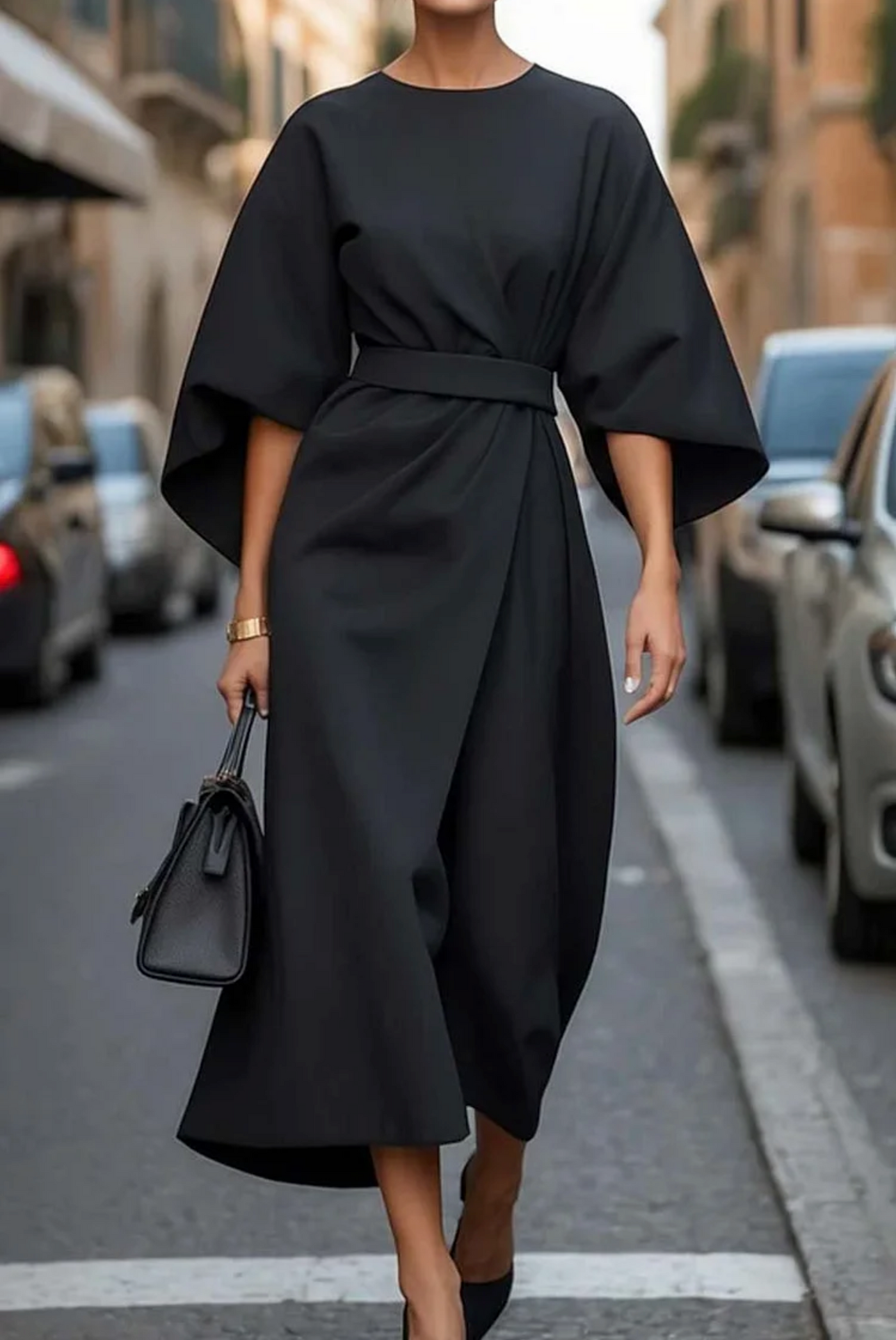Ellen | Women's Dress | Wide Sleeve Belted Round Neck Midi