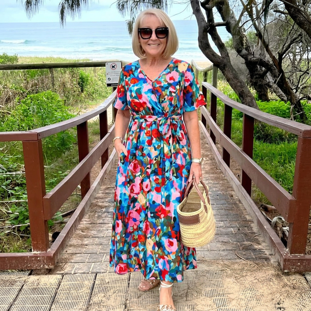 Ellen | Women’s Boho Print V-Neck Tie-Waist Midi Dress