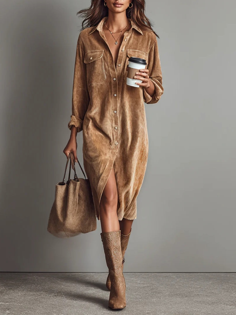 Ellen | Women's Dress | Sleeve Midi Button Down Collar
