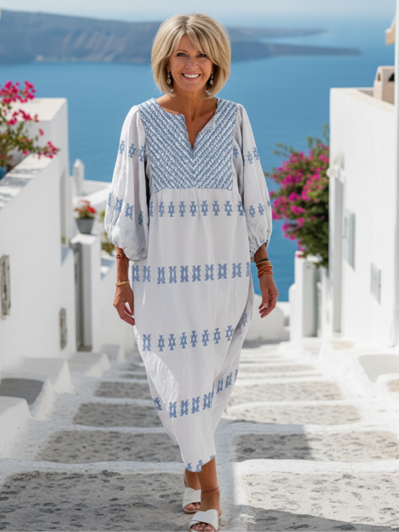 Ellen | Women's White Midi Dress | Notch-Neck