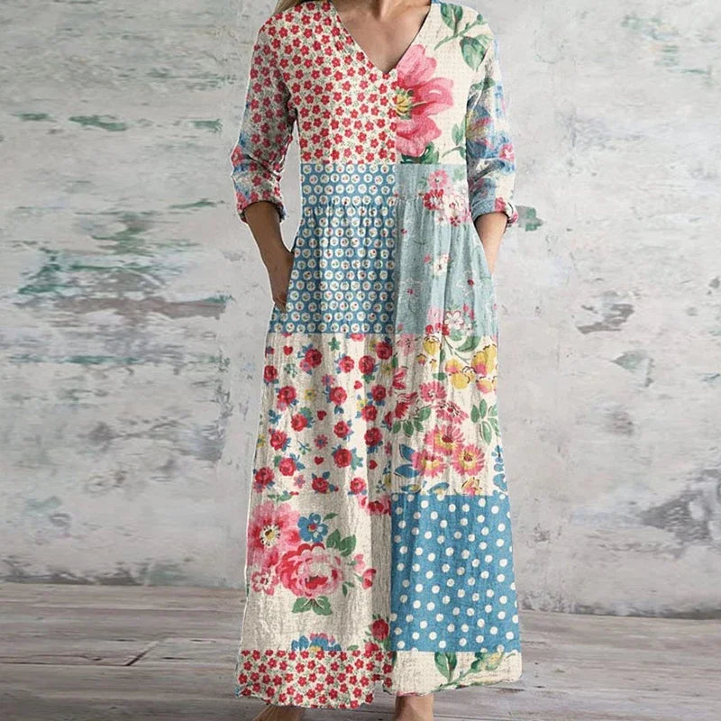 Ellen | Women's Dress | Patchwork Maxi V Neck Long Sleeve