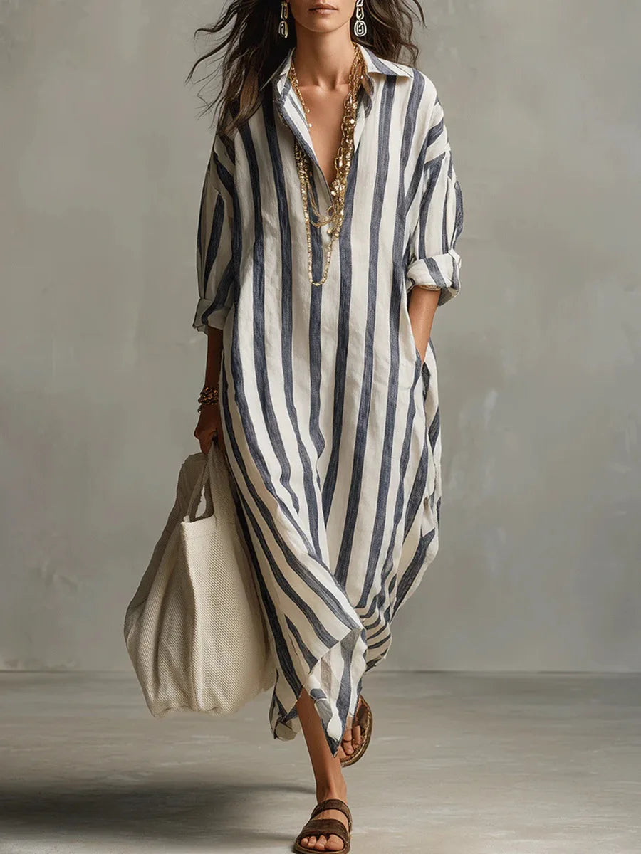 Ellen | Women's Shirt Dress | Maxi V-Neck Striped
