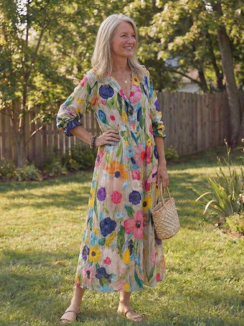 Ellen | Women's Boho Midi Dress | Button-Front Floral