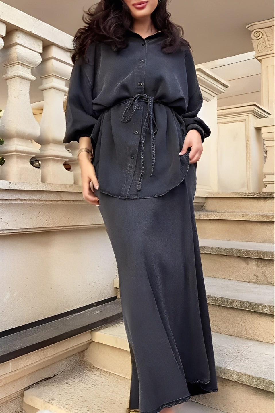 Ellen | Women's Two-Piece Set | Button Shirt Maxi Skirt