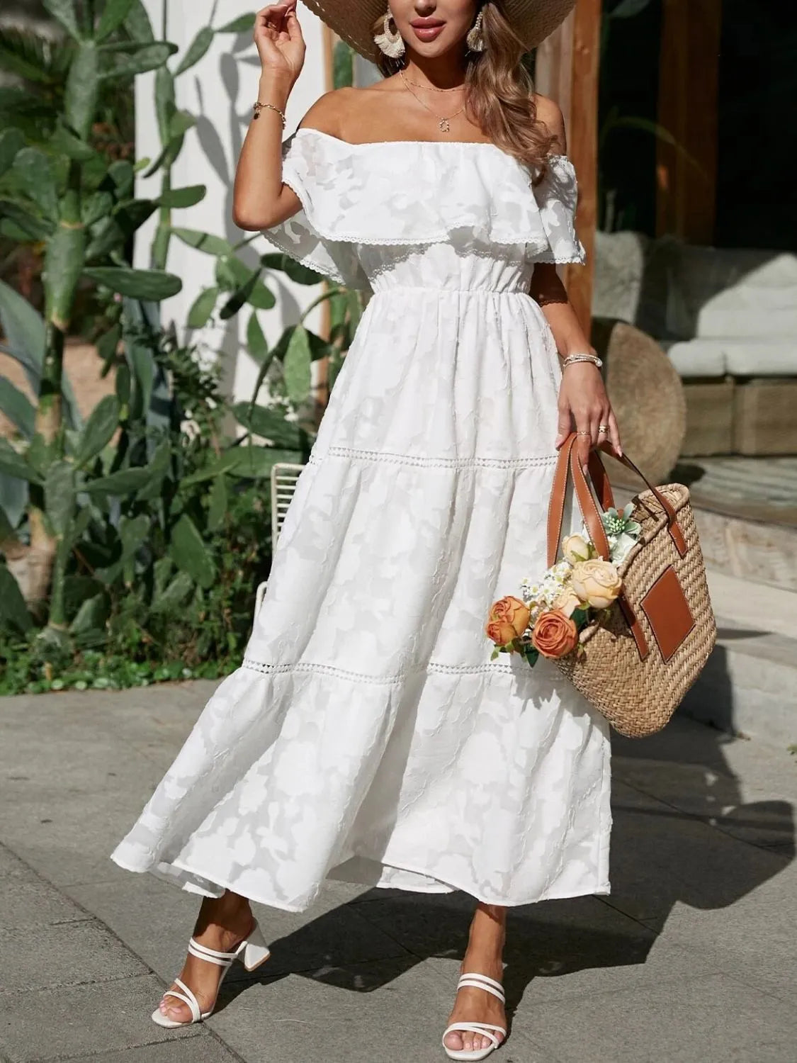 Ellen | Women's Wedding Guest Midi Dress | Off-Shoulder Tiered
