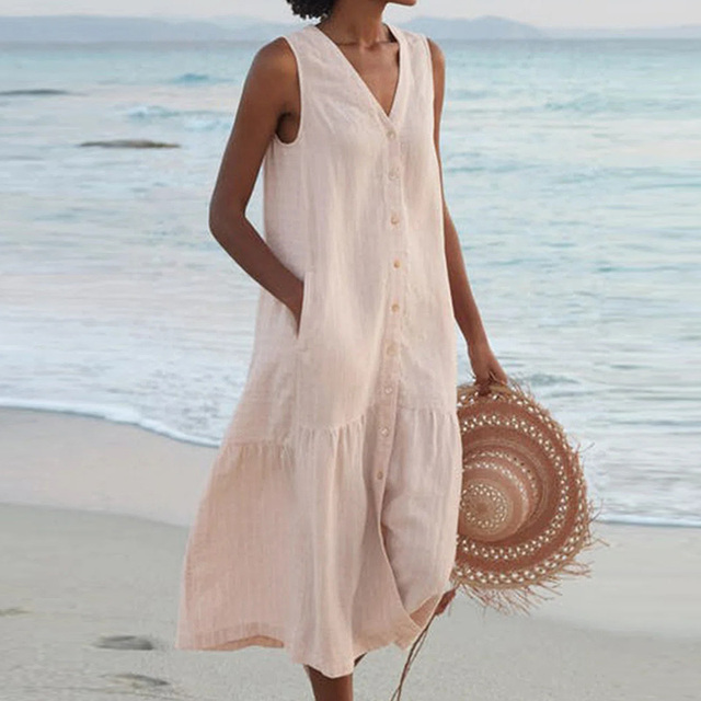 Women's Dress | Sleeveless Midi Button Front