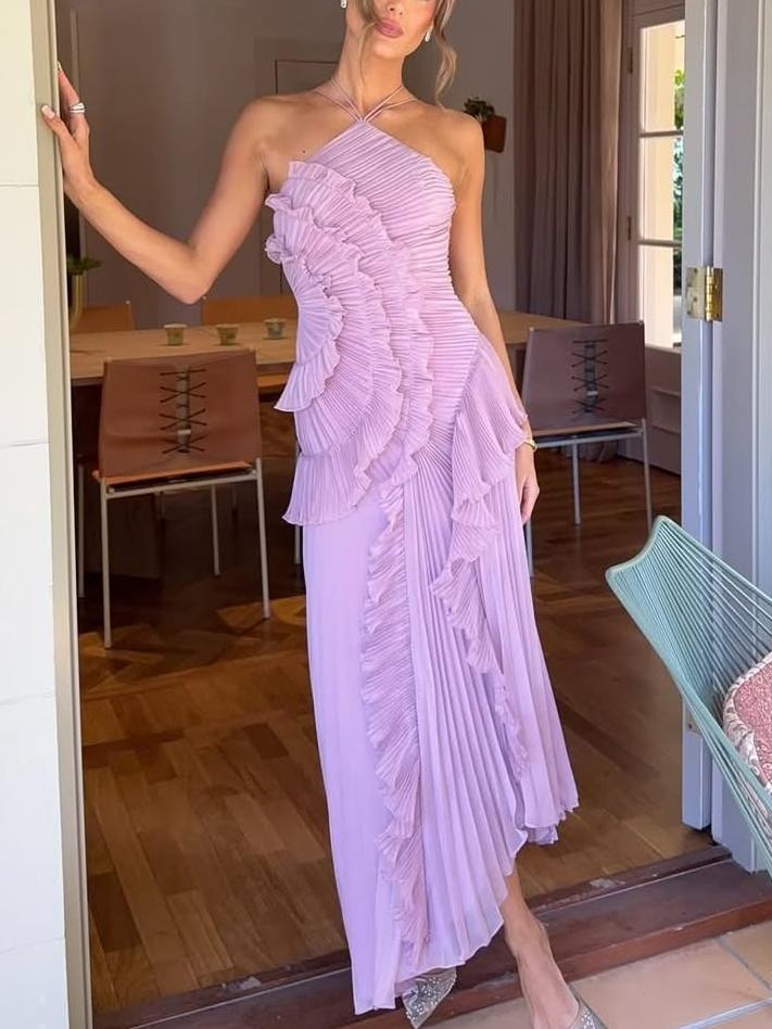 Ellen | Women's Wedding Guest Maxi Dress | Sleeveless Pleated Asymmetric