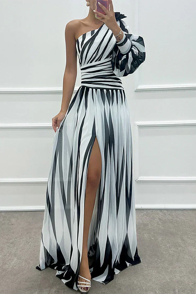 Ellen | Women's Dress | Striped Maxi One Shoulder Slit