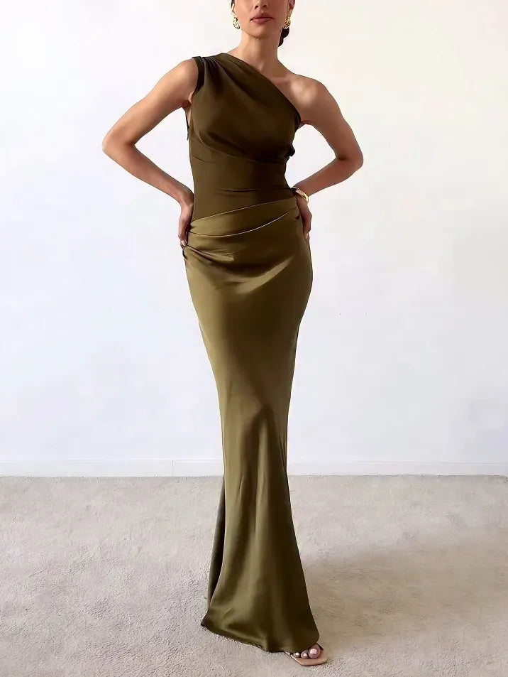 Women's Wedding Guest Maxi Dress | Asymmetric Pleated