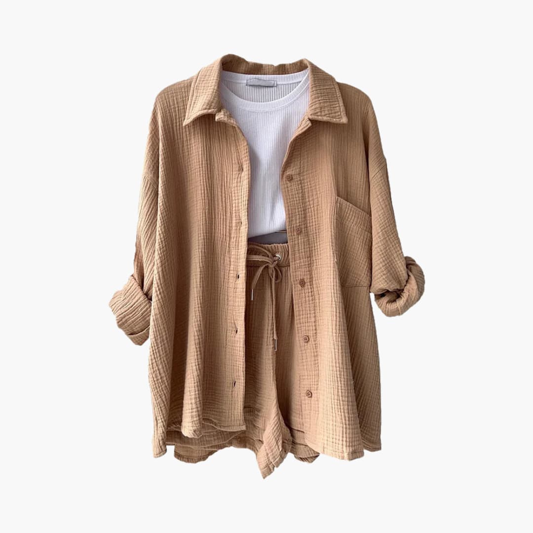 Women's Three-Piece Set |  Button-front Shirt, Top, and Shorts