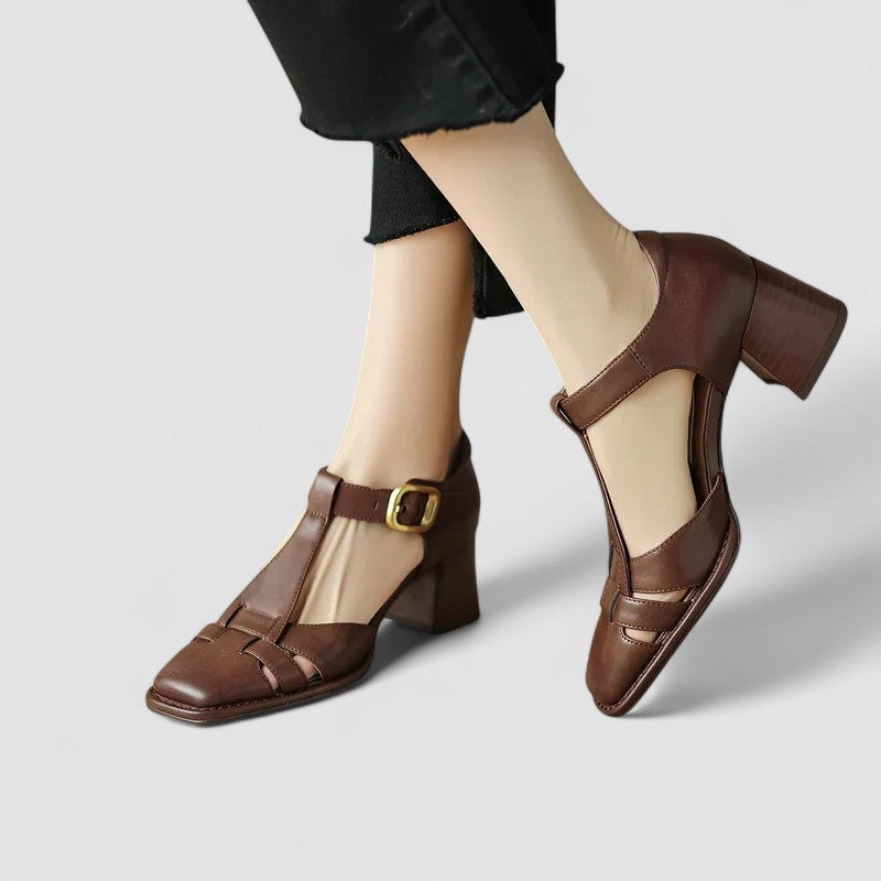 Ellen | Block Heels for Women | Closed Toe T-Strap