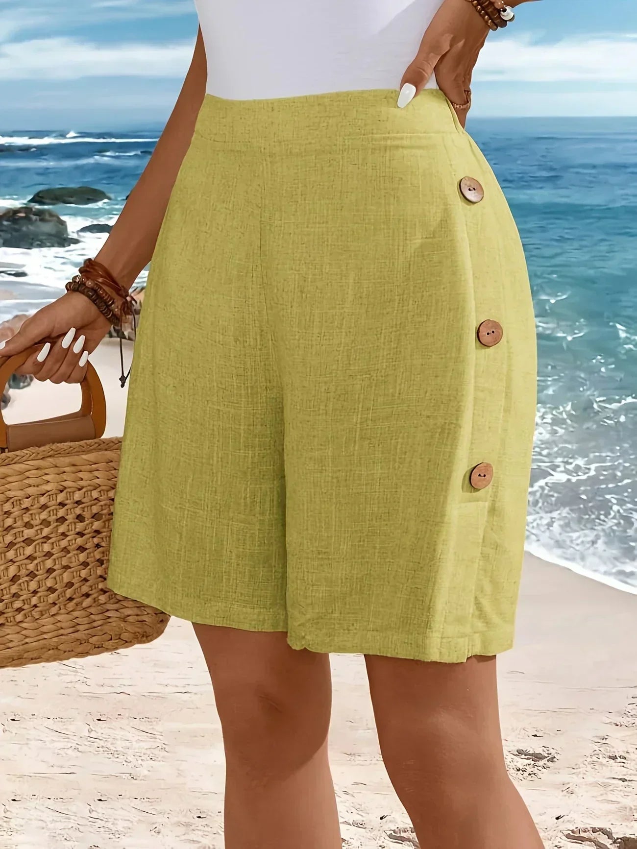 Ellen | Women's Shorts  | High Waist Button Accent