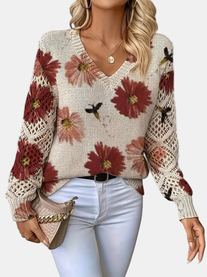 Women's Jumper | Floral Knit V-Neck