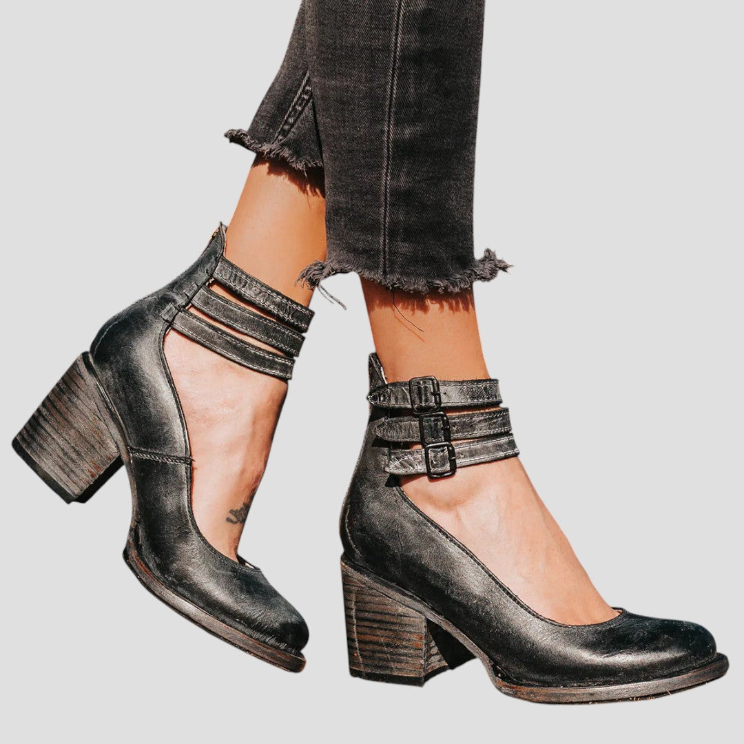 Ellen | Block Heels for Women | Closed Toe Buckle Strap