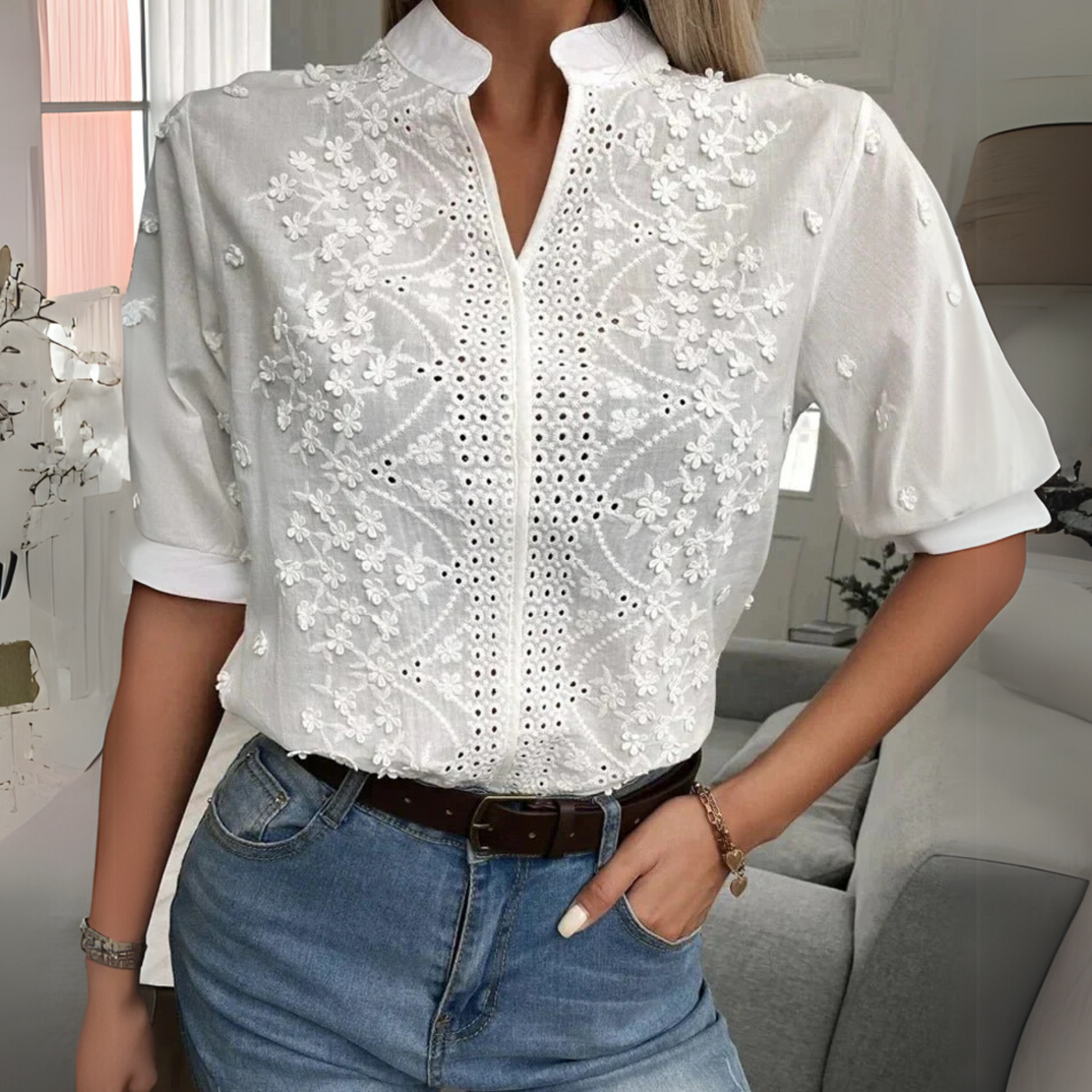 Ellen | Women’s Blouse | Embroidered Short Sleeve