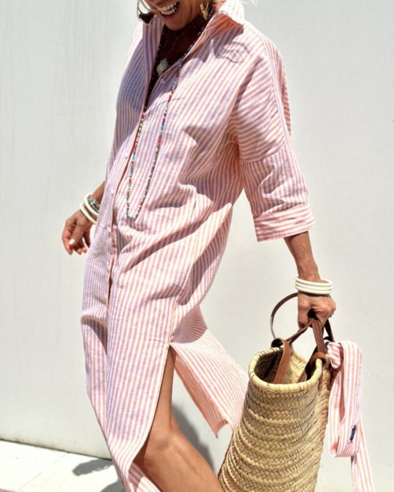 Women's Dress | Button Shirt Long Sleeve Stripe Midi