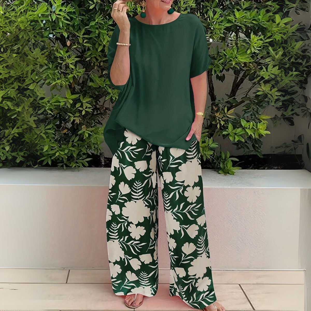 Women's Two-Piece Set  | Top and Wide Leg Printed Trousers