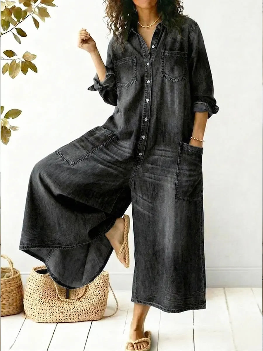 Women's Wide-Leg Jumpsuit | Long Sleeve Button-Front