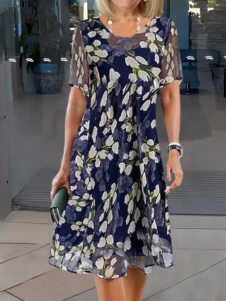Ellen | Women's Dress | Round Neck Short Sleeve Midi