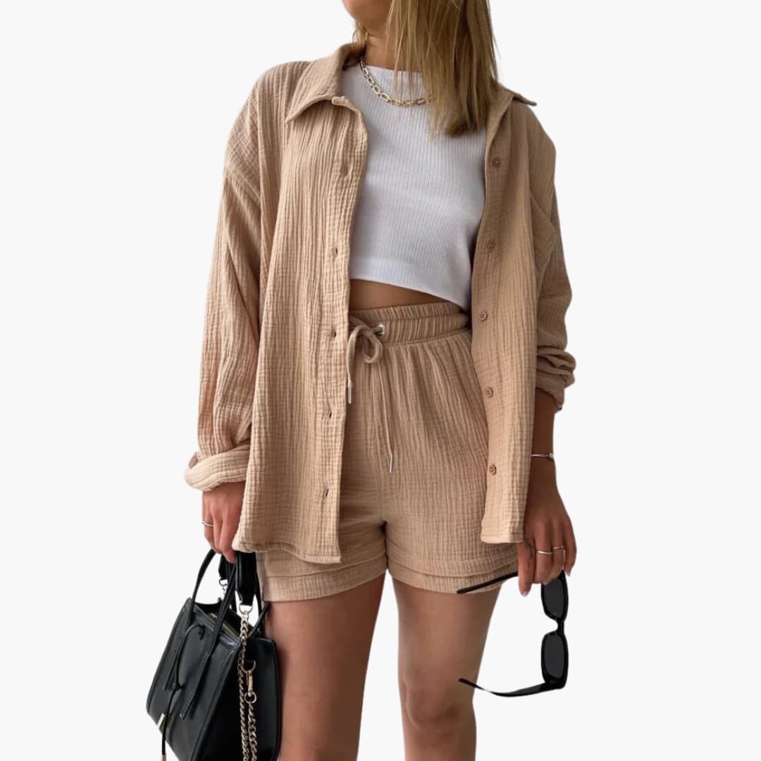 Ellen | Women's Three-Piece Set |  Button-front Shirt, Top, and Shorts
