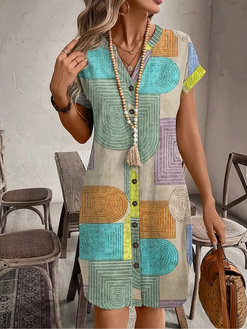 Ellen | Women's Boho Mini Dress | Button-Front V-Neck