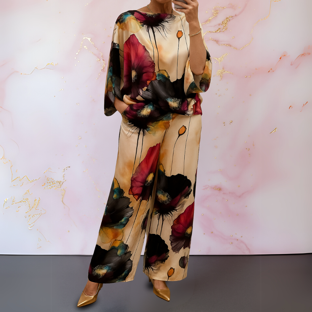 Women's Two-Piece Set  | Printed Top Wide Trousers