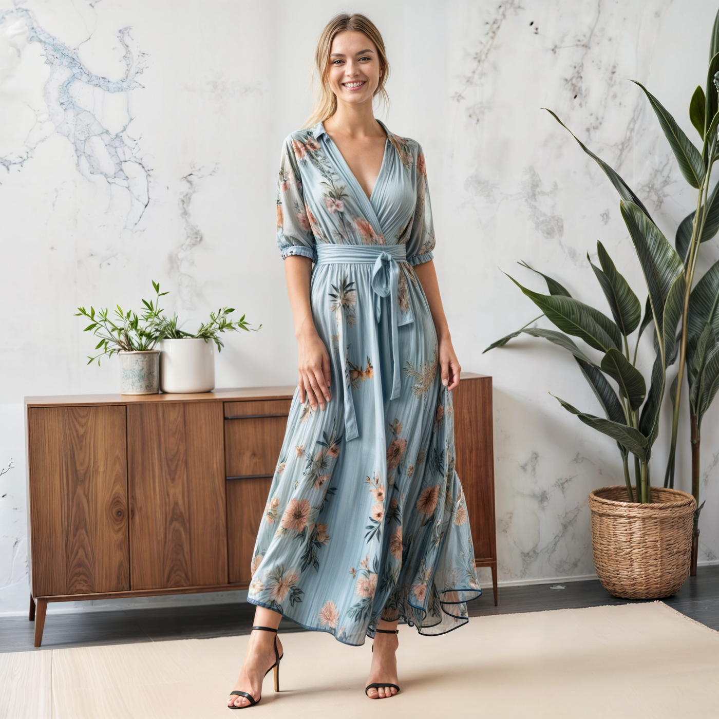 Ellen | Women's Midi Sundress | V-Neck Floral Wrap