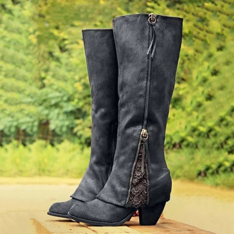 Knee-High Boots for Women | Side Zip Lace Detail