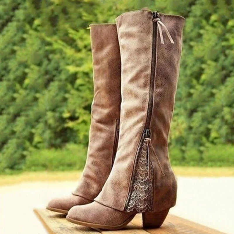 Ellen | Knee-High Boots for Women | Side Zip Lace Detail