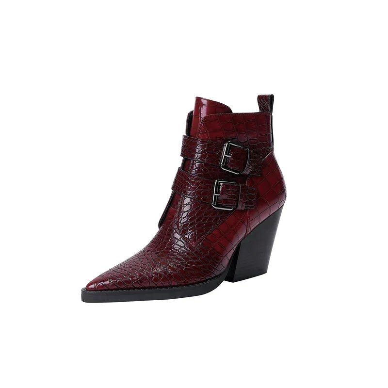 Ellen | Boots For Women | Pointed Toe Ankle Block Heel With Buckle