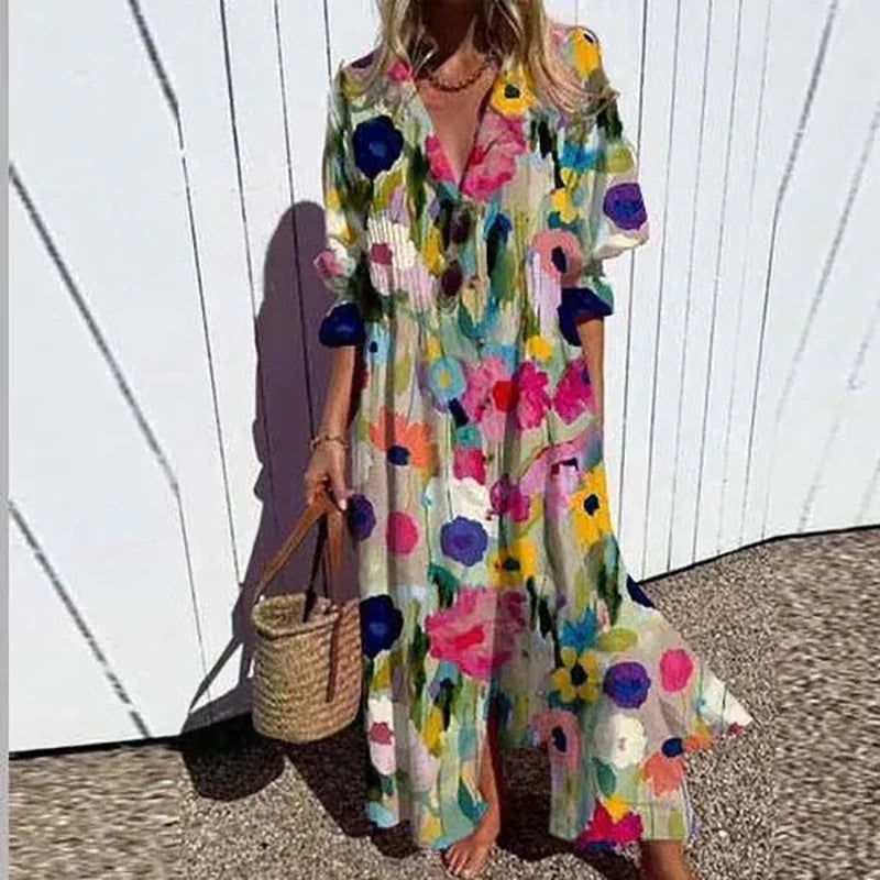 Ellen | Women's Dress | Floral V-Neck Long Sleeve Maxi