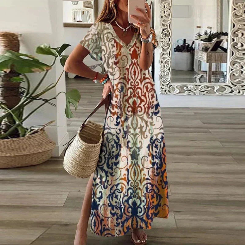 Ellen | Women's Boho Maxi Dress | V-Neck Short Sleeve