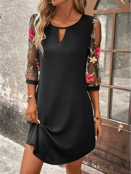Women's Dress | Keyhole Mini Embroidered Sleeve